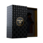Packaging oficial del perfume Malek de Mawwal Arabia, diseño de lujo en color negro y plata