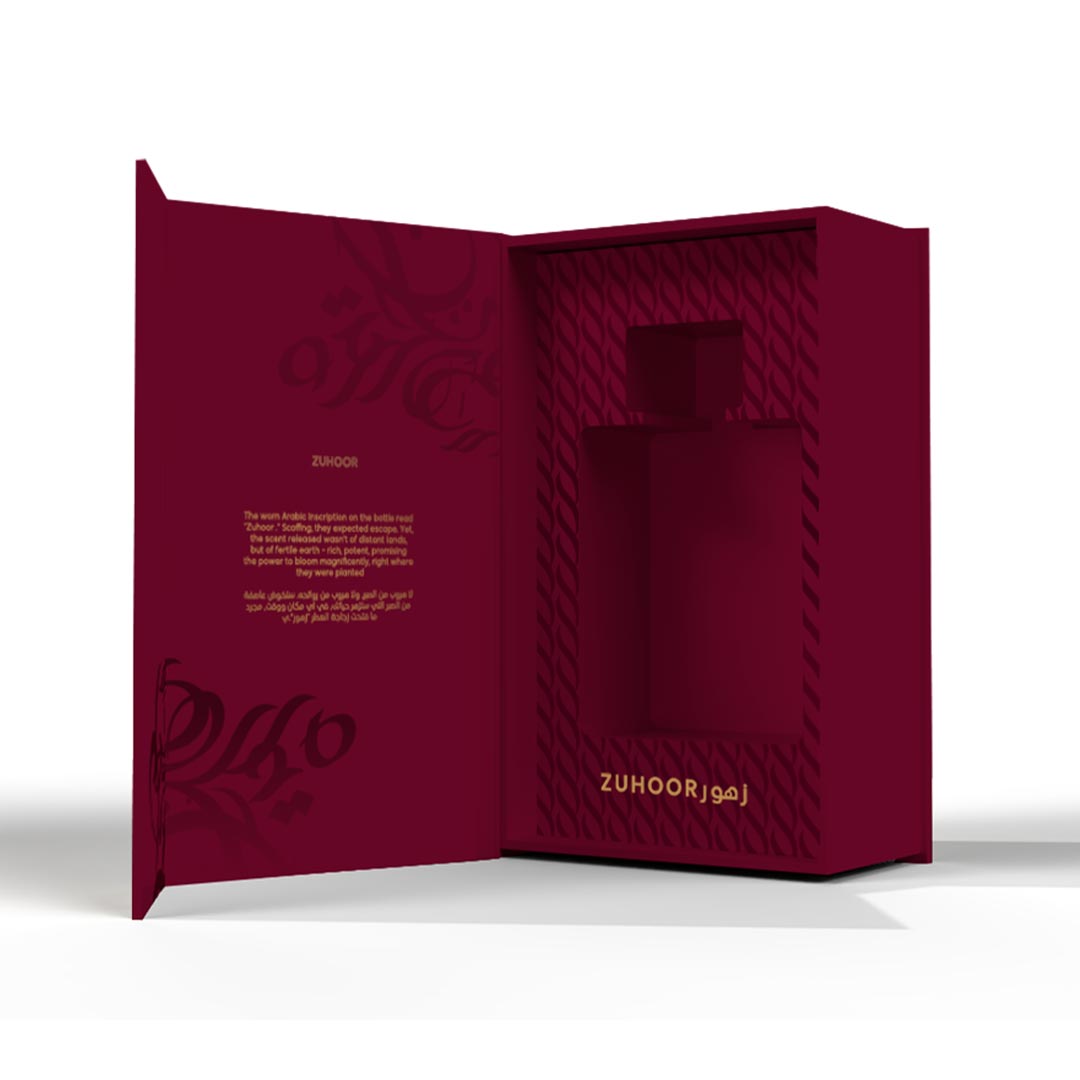 Estuche premium de perfume Zuhoor de Mawwal Arabia color borgoña con caligrafía árabe artística en oro