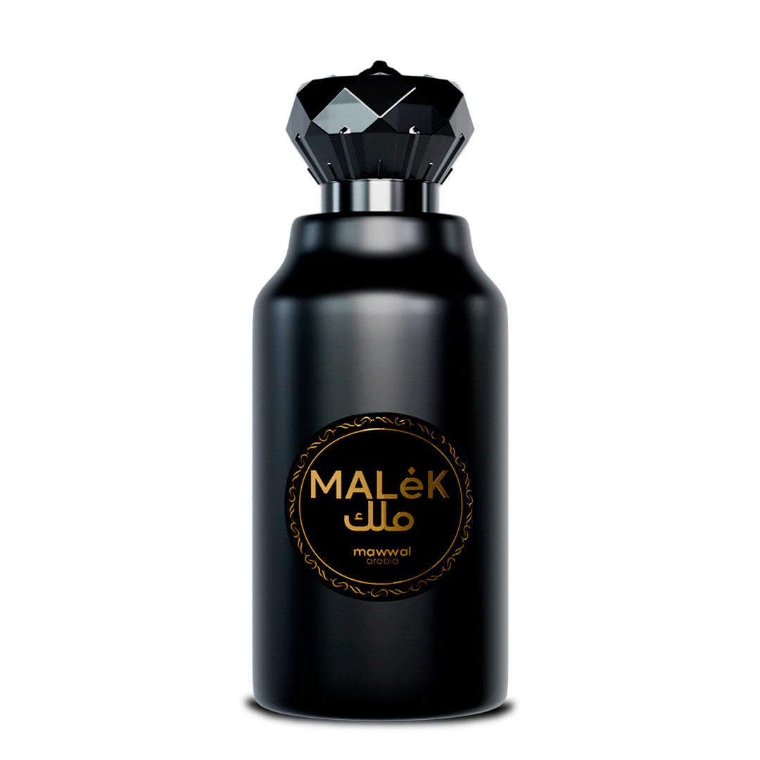 Frasco del perfume masculino Mawwal Malek de 100ml, una fragancia árabe intensa con notas amaderadas.