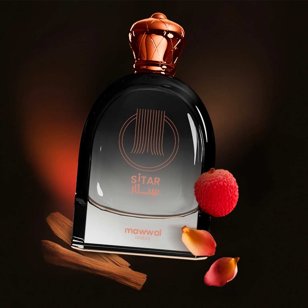 Presentación de aromas Mawwal Sitar, fragancia árabe original de larga duración disponible en España.