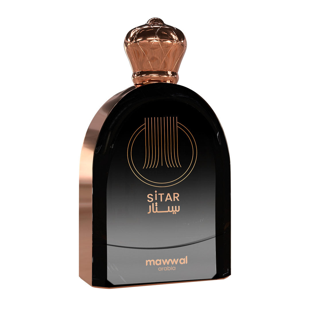 Frasco ornamental del perfume Mawwal Sitar de 100ml, una fragancia femenina con lichi y pimienta rosa.